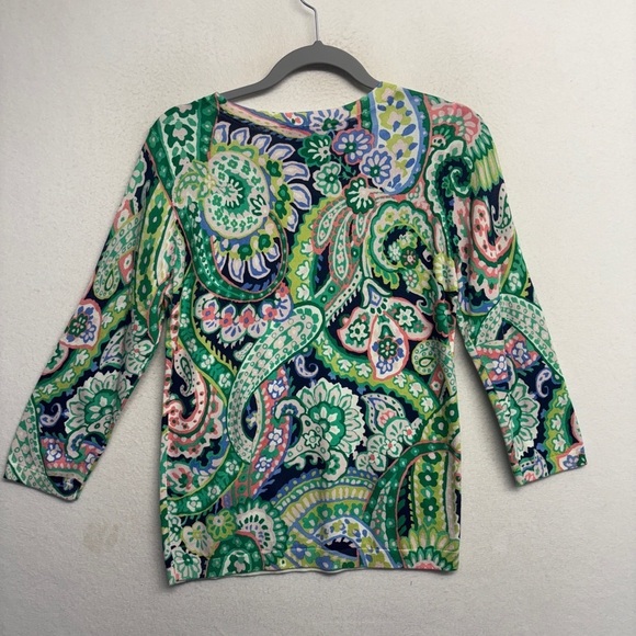 Talbots S Paisley Pullover Sweater Cotton Blend 3/4 Sleeve Crew Neck Green - Picture 2 of 6
